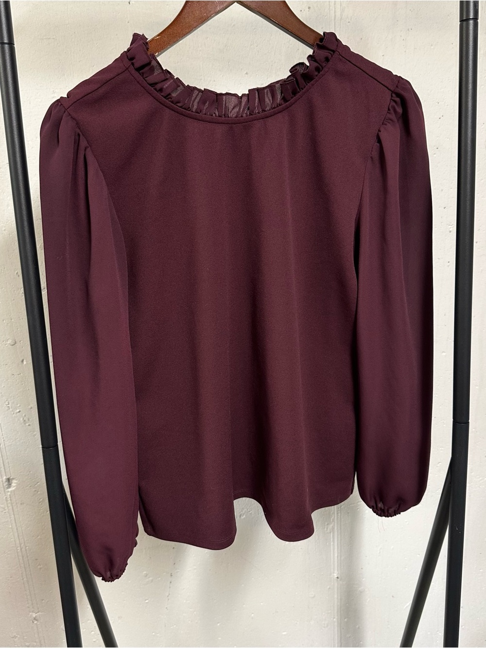 Ann Taylor Plum Ruffle Neck Long Sleeve Blouse